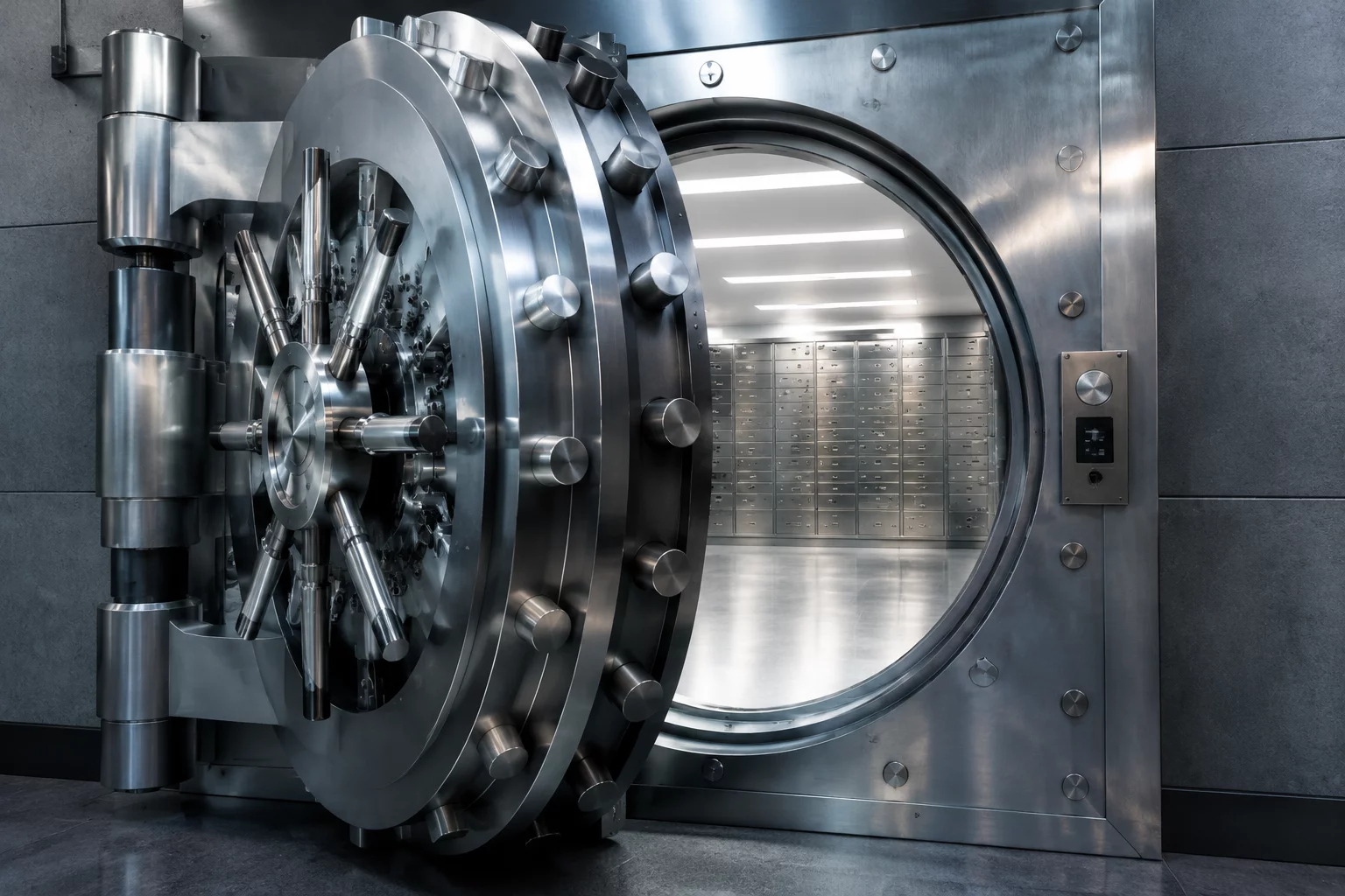 A heavy, secure steel vault door in a modern bank setting.