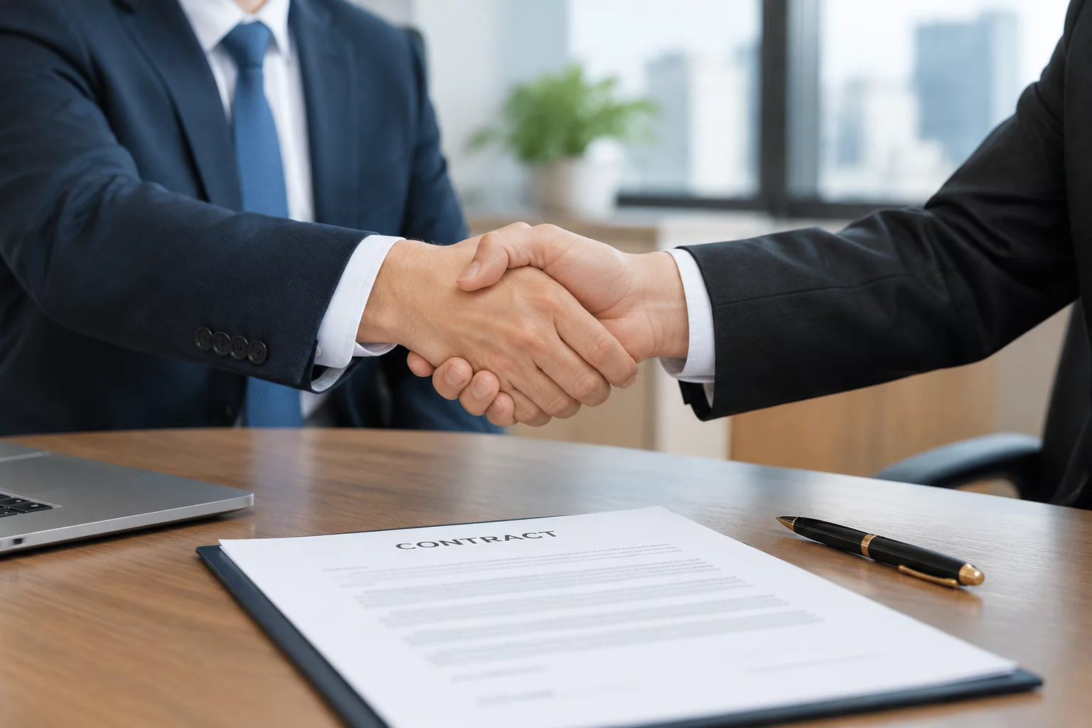 Two professionals shaking hands over a signed business contract.