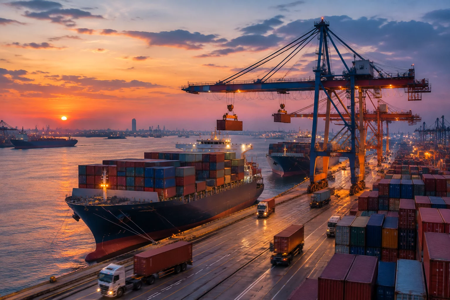 Cargo ships and shipping containers at commercial port
