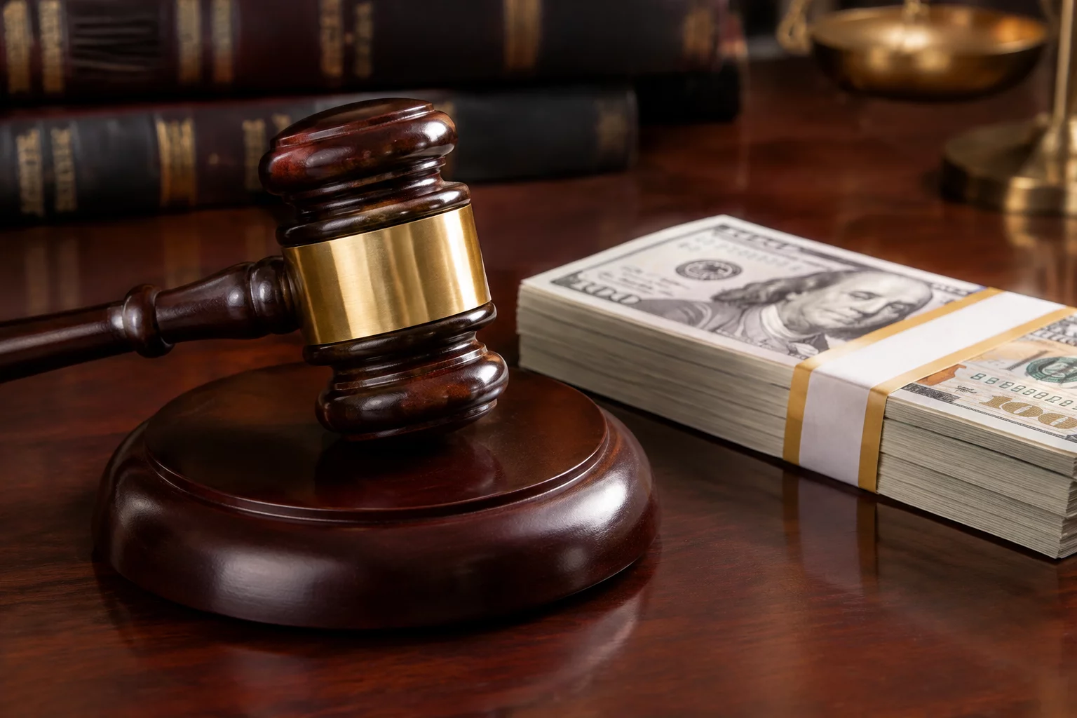 Gavel and monetary currency representing financial decisions
