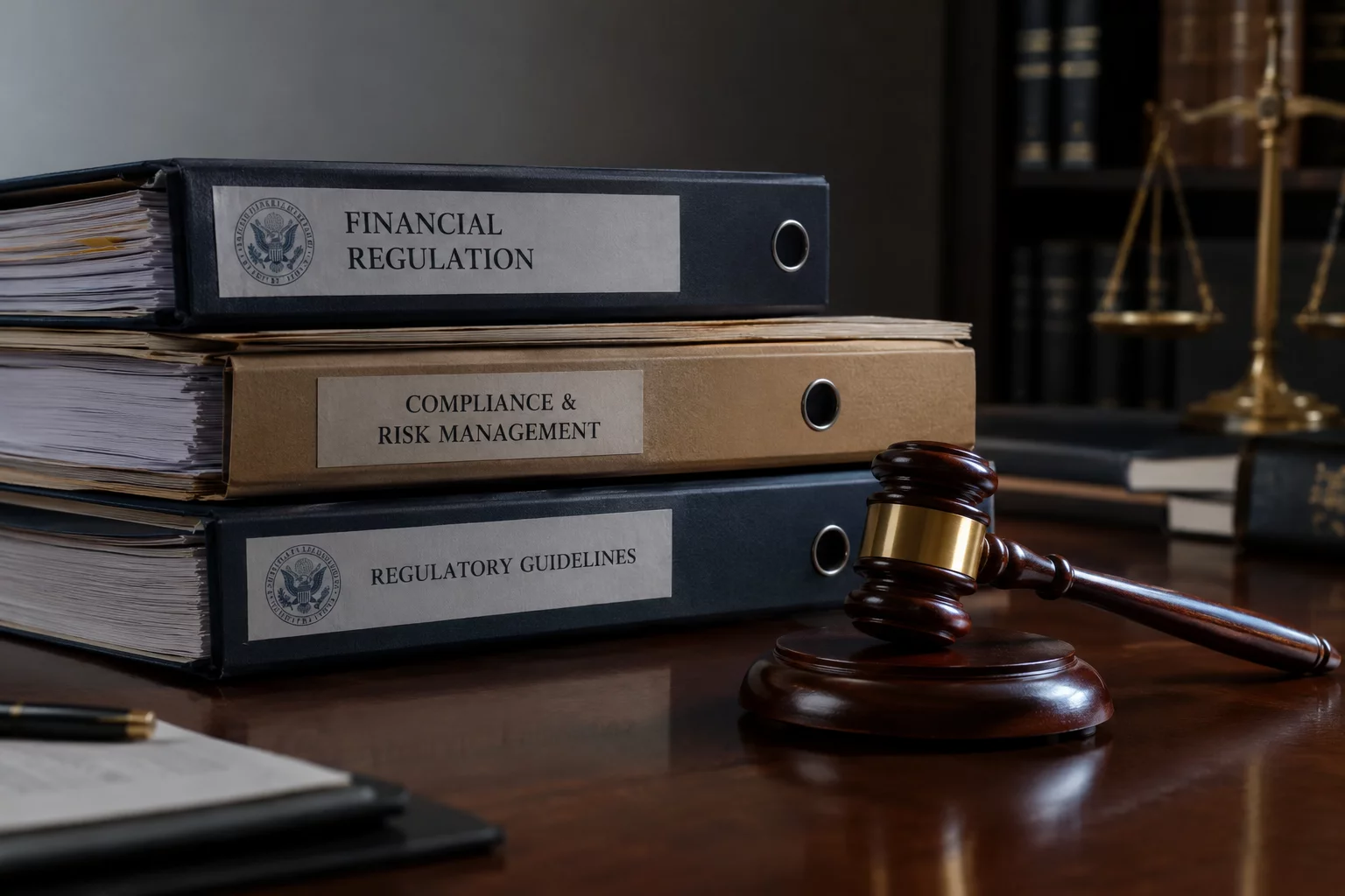 Stacks of legal and regulatory documents next to a gavel.