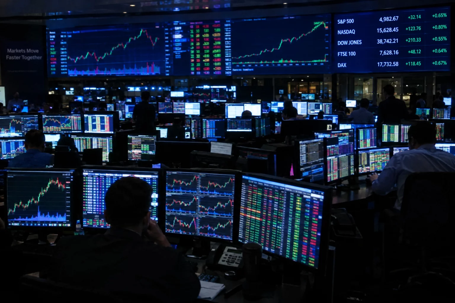 Multiple glowing screens displaying complex financial data and stock market tickers.